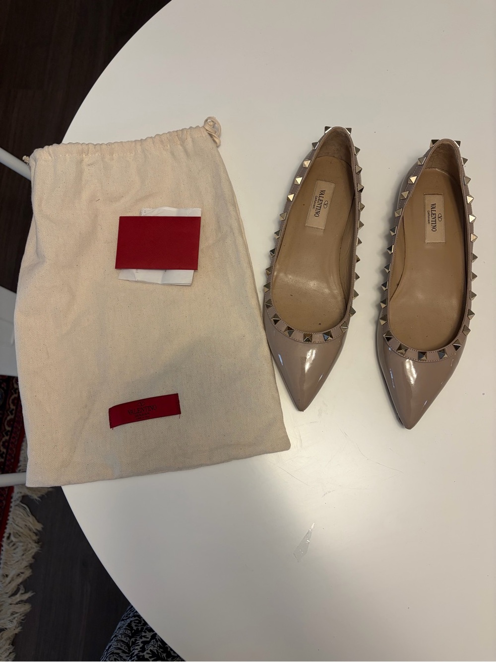 Valentino Garavani Rockstud Patent Pointed Toe Flats in Nude